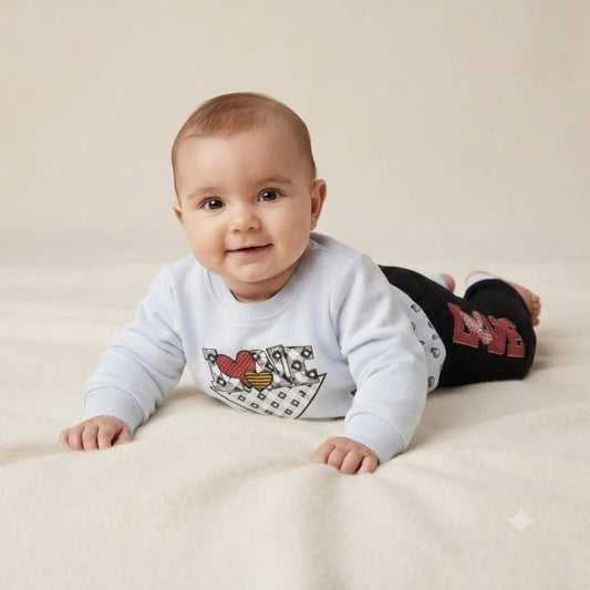 Baby Girls White Malai 2 Piece Outfit – Printed Sweatshirt & Trouser Set (6–12 Months)