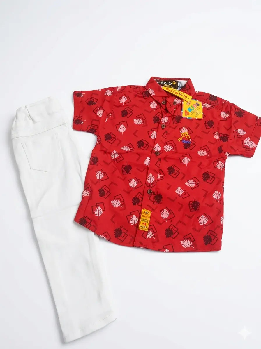 Baby Boy Printed Cotton Half Sleeve Shirt & White Pant Summer Set (3-4 Years)