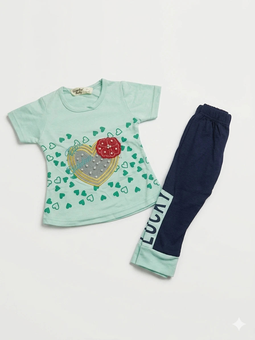 Baby Girl Malai Cotton Half Sleeve Shirt & Full Trouser Set – Summer Collection (1-2 Years)