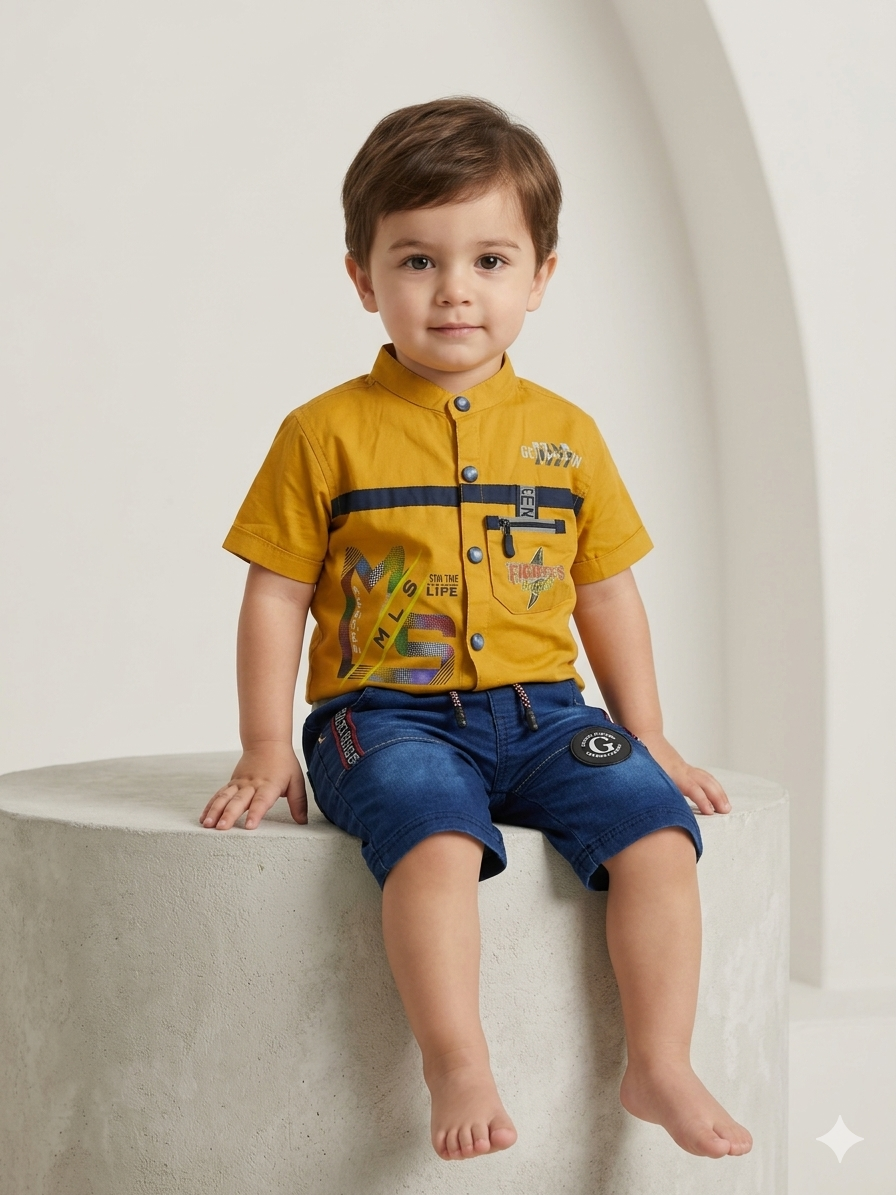 Baby Boy Soft Cotton Fancy Shirt & Denim Knicker Set (3-4 Years)