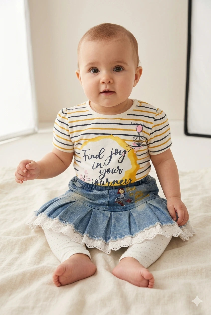 Baby Girl 3 Piece Outfit Set – Malai Cotton Top & Denim Skirt Summer Collection (0-6 Months)