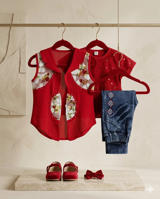 Baby Girl Chiffon 3 Piece Set with Denim Pant – Summer Collection (4 Years)