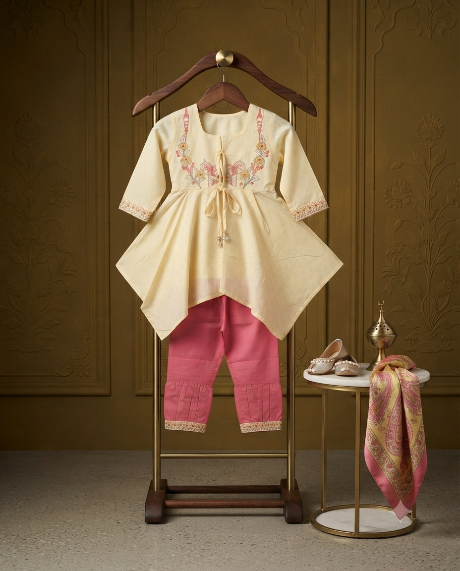 Premium Embroidered Cotton Frock with Contrast Trouser – Designer Girls Outfit (5 Years)