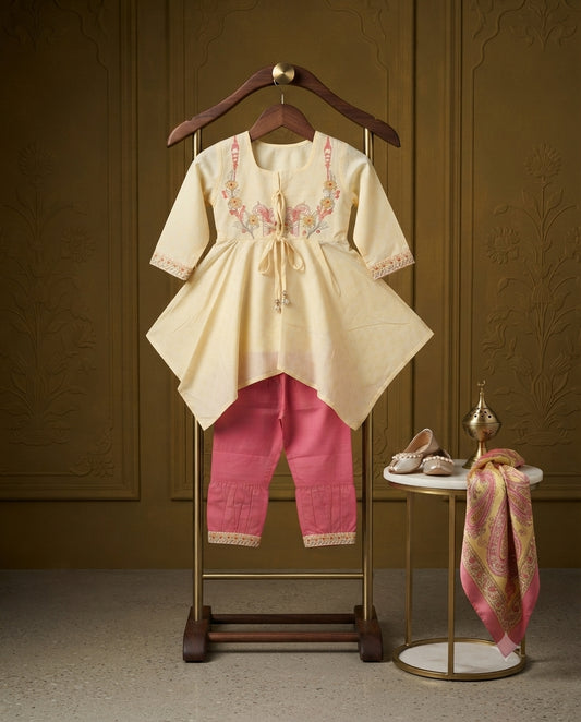 Premium Embroidered Cotton Frock with Contrast Trouser – Designer Girls Outfit (5 Years)