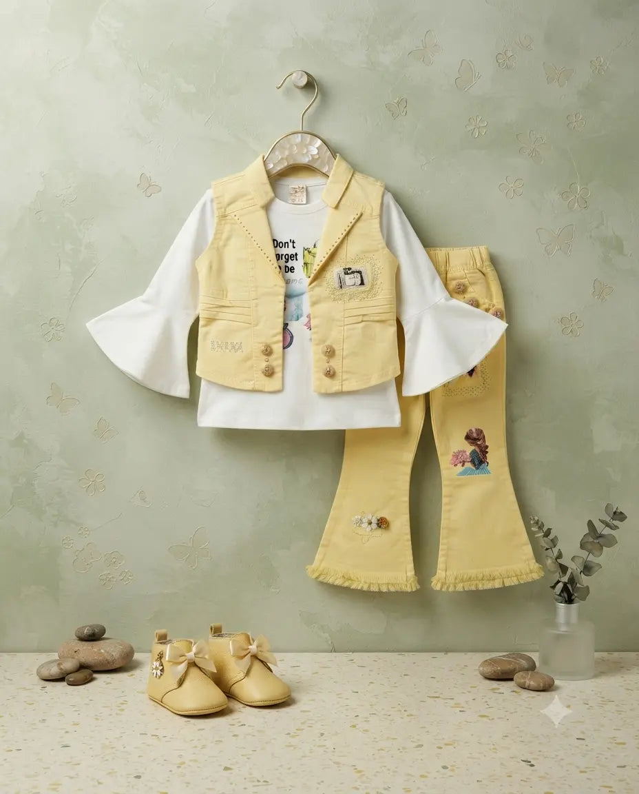 Girls 3-Piece Embellished Vest Set with Flared Sleeves & Wide-Leg Pants