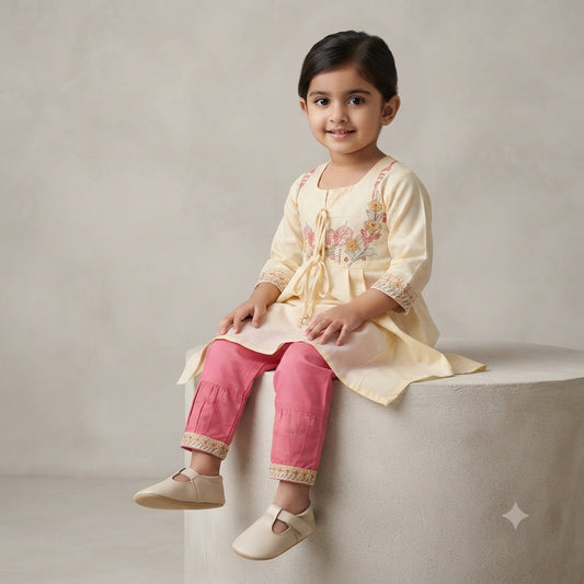 Premium Embroidered Cotton Frock with Contrast Trouser – Designer Girls Outfit (5 Years)