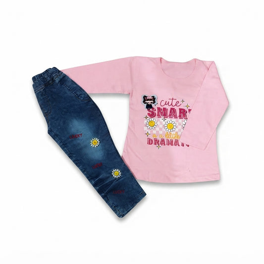 Chic Little Girl Malai Stuff Printed Shirt with Stylish Denim Jeans – 4 Year