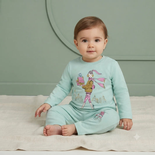 Baby Girls 2 Piece Winter Dress – Mint Green Malai Shirt & Trouser Set (1-2 Years)