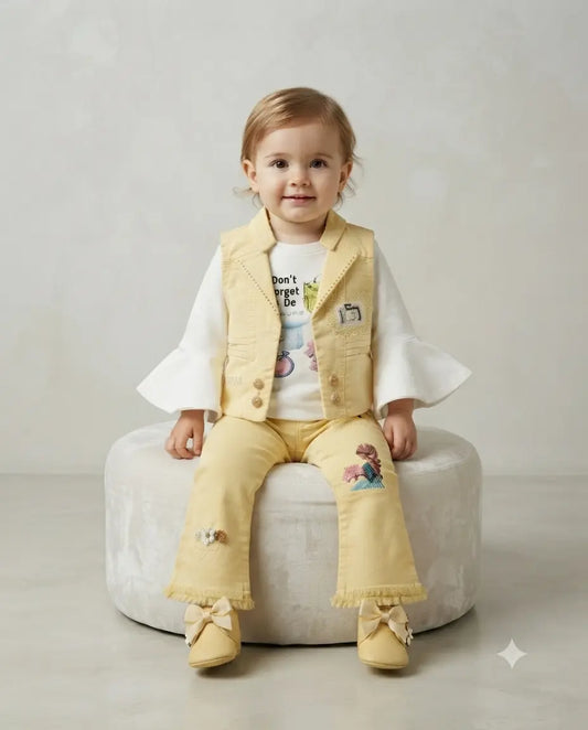 Girls 3-Piece Embellished Vest Set with Flared Sleeves & Wide-Leg Pants