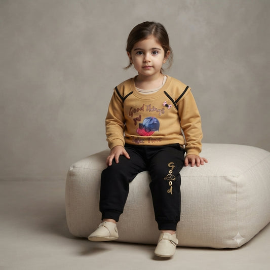 Premium Terry Fabric Contrast Shirt & Trouser Set for Baby Girls – Mid-Season Outfit (5 Years)
