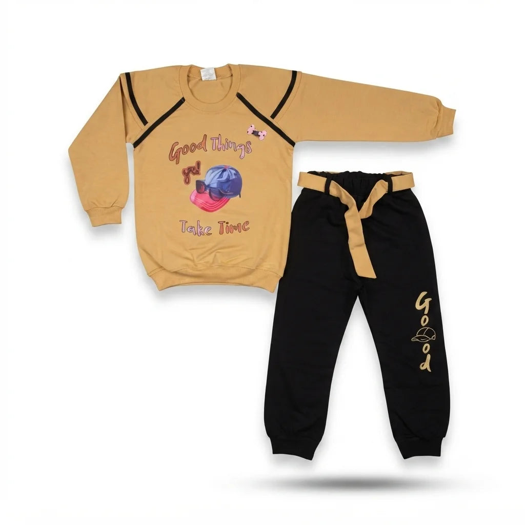 Premium Terry Fabric Contrast Shirt & Trouser Set for Baby Girls – Mid-Season Outfit (5 Years)