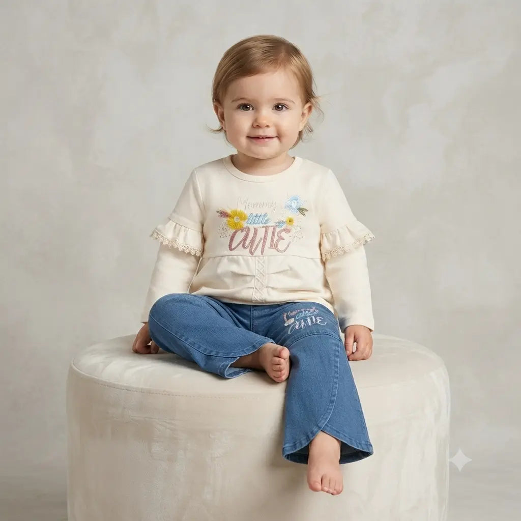 Girls Malai Stuff 2 Piece Dress with Denim Bell Bottom – Cream & Blue | 2 Years