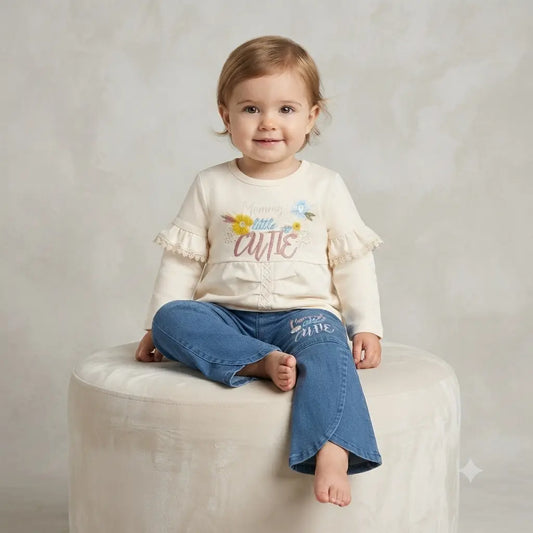 Girls Malai Stuff 2 Piece Dress with Denim Bell Bottom – Cream & Blue | 2 Years