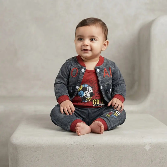 Baby Boy 3-Piece Denim Shirt & Pant Set with Sleeveless Inner – Premium Outfit (6–12 Months)