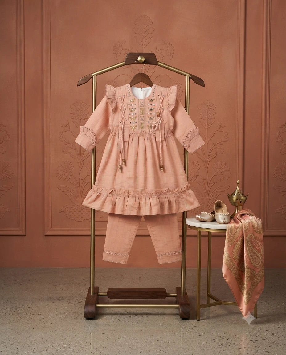 Premium Embroidered Cotton Frock with Matching Trouser Set for Baby Girls – Luxury Outfit (7 Years)