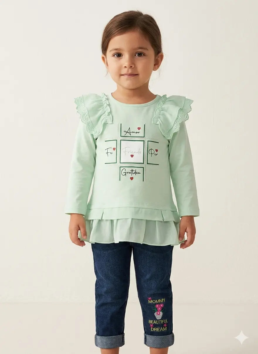 Baby Girl Malai Cotton Full Sleeve Shirt & Pant Set – Summer Collection (4 Years)