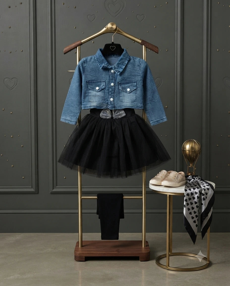 Baby Girls 3 Piece Denim Jacket with Tutu Skirt & Leggings Set | Party Wear | 4 Years