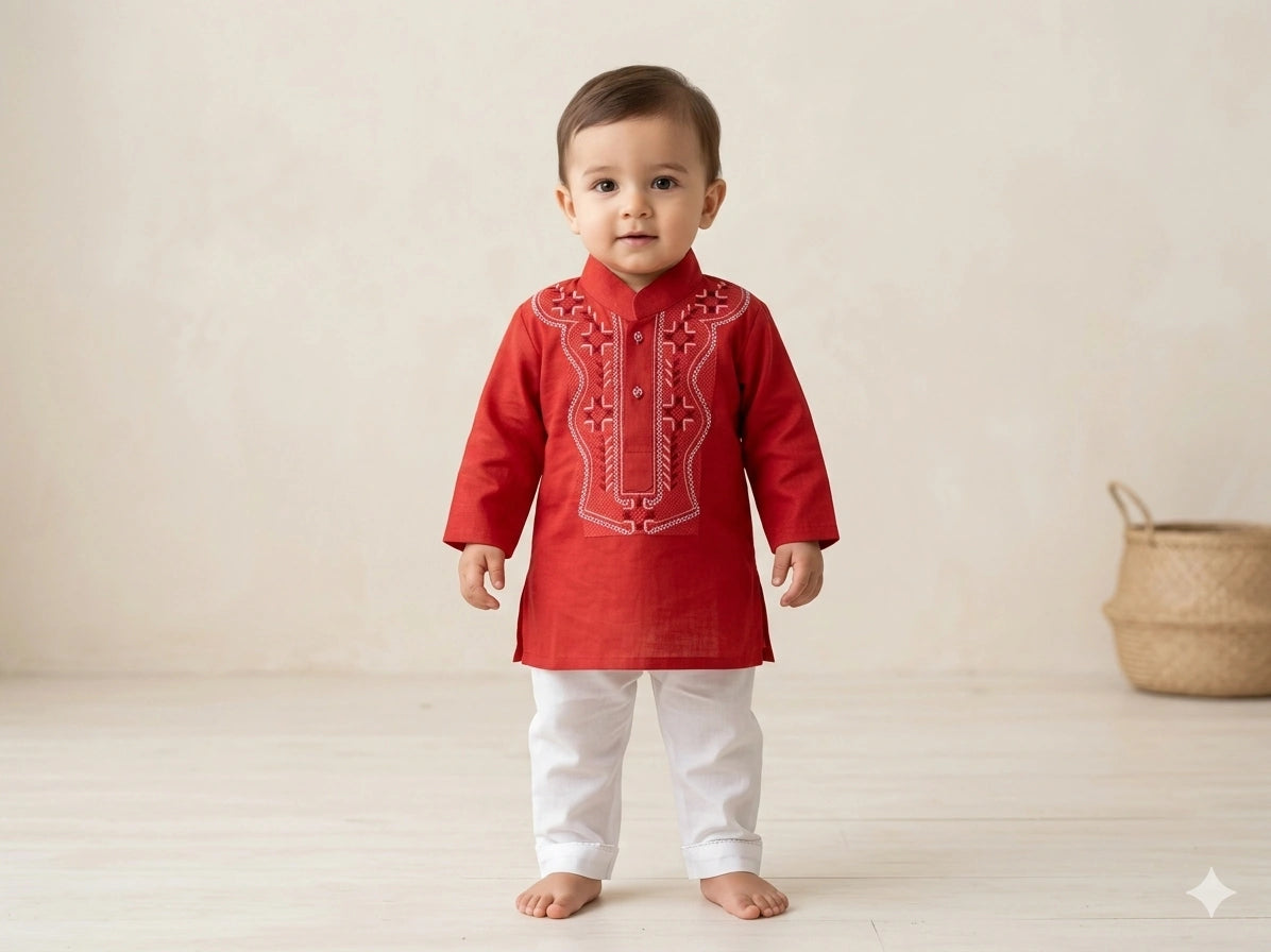 Baby Boy Red Cotton Kurta with White Shalwar Set – Summer Collection (1–2 Years)