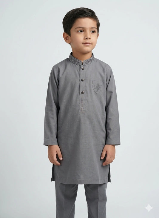 Baby Boy Grey Chambray Cotton Kurta Pajama Set – Summer Collection (1–2 Years)