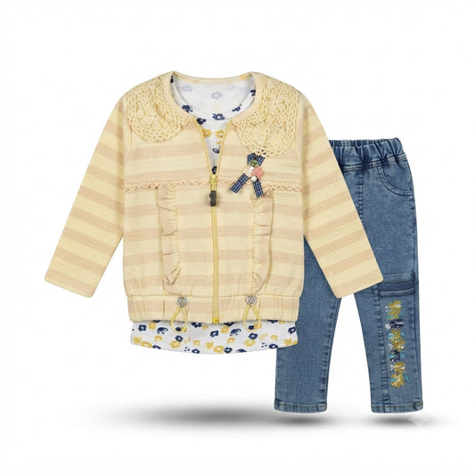 Elegant Little Girl Fancy Malai Cotton Jacket with Printed Inner & Denim Pants – 4 Years