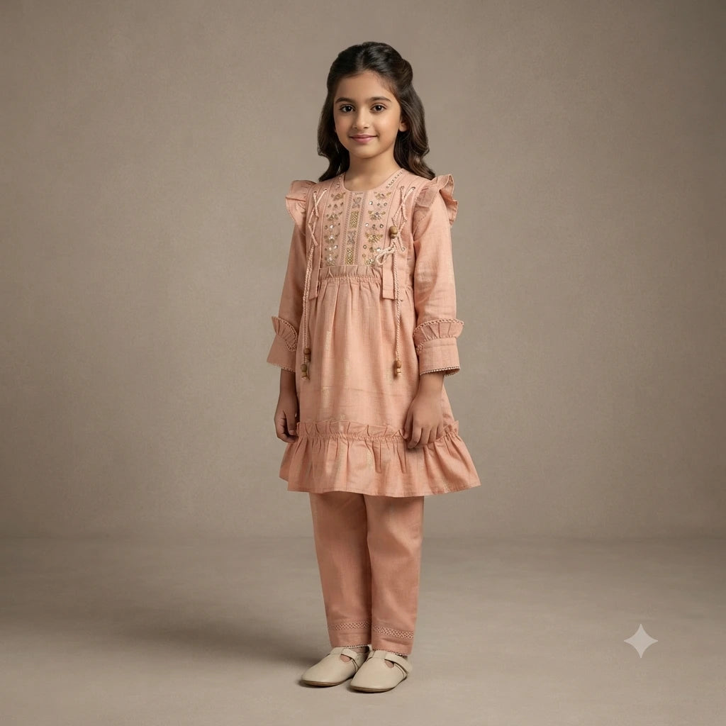 Premium Embroidered Cotton Frock with Matching Trouser Set for Baby Girls – Luxury Outfit (7 Years)