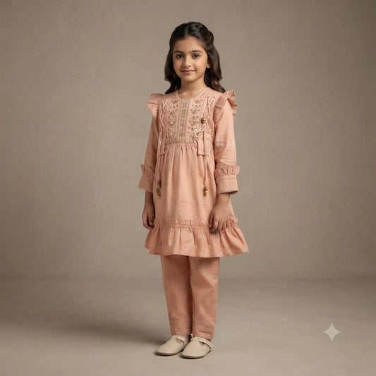 Premium Embroidered Cotton Frock with Matching Trouser Set for Baby Girls – Luxury Outfit (7 Years)