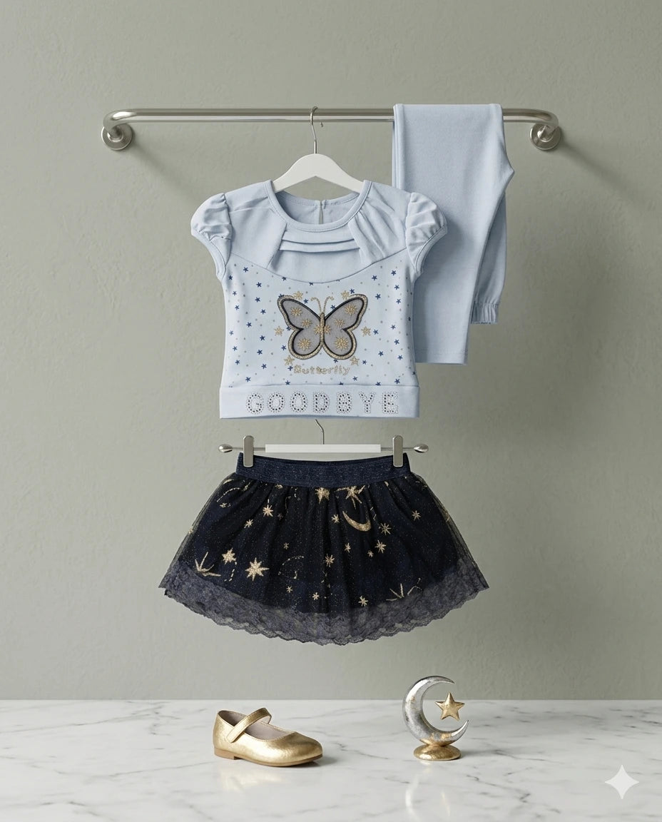 Baby Girl 3 Piece Outfit Set – Malai Cotton Top & Net Skirt Summer Collection (0-6 Months)