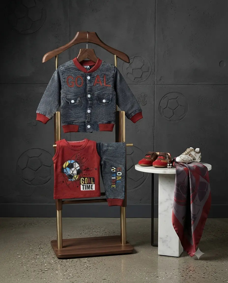Baby Boy 3-Piece Denim Shirt & Pant Set with Sleeveless Inner – Premium Outfit (6–12 Months)