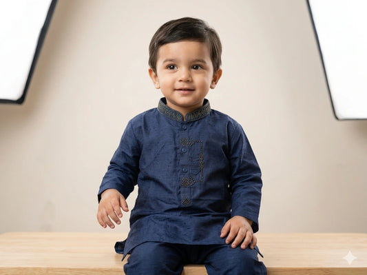 Baby Boy Blue Self-Print Cotton Kurta Pajama Set – Summer Collection (1–2 Years)