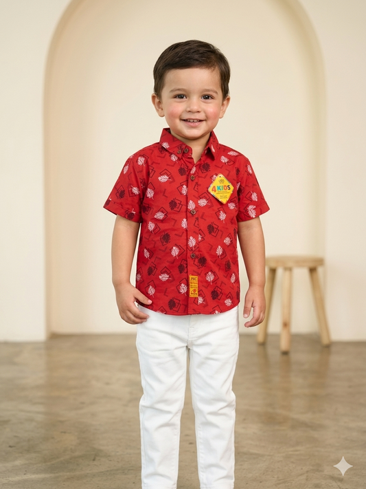 Baby Boy Printed Cotton Half Sleeve Shirt & White Pant Summer Set (3-4 Years)