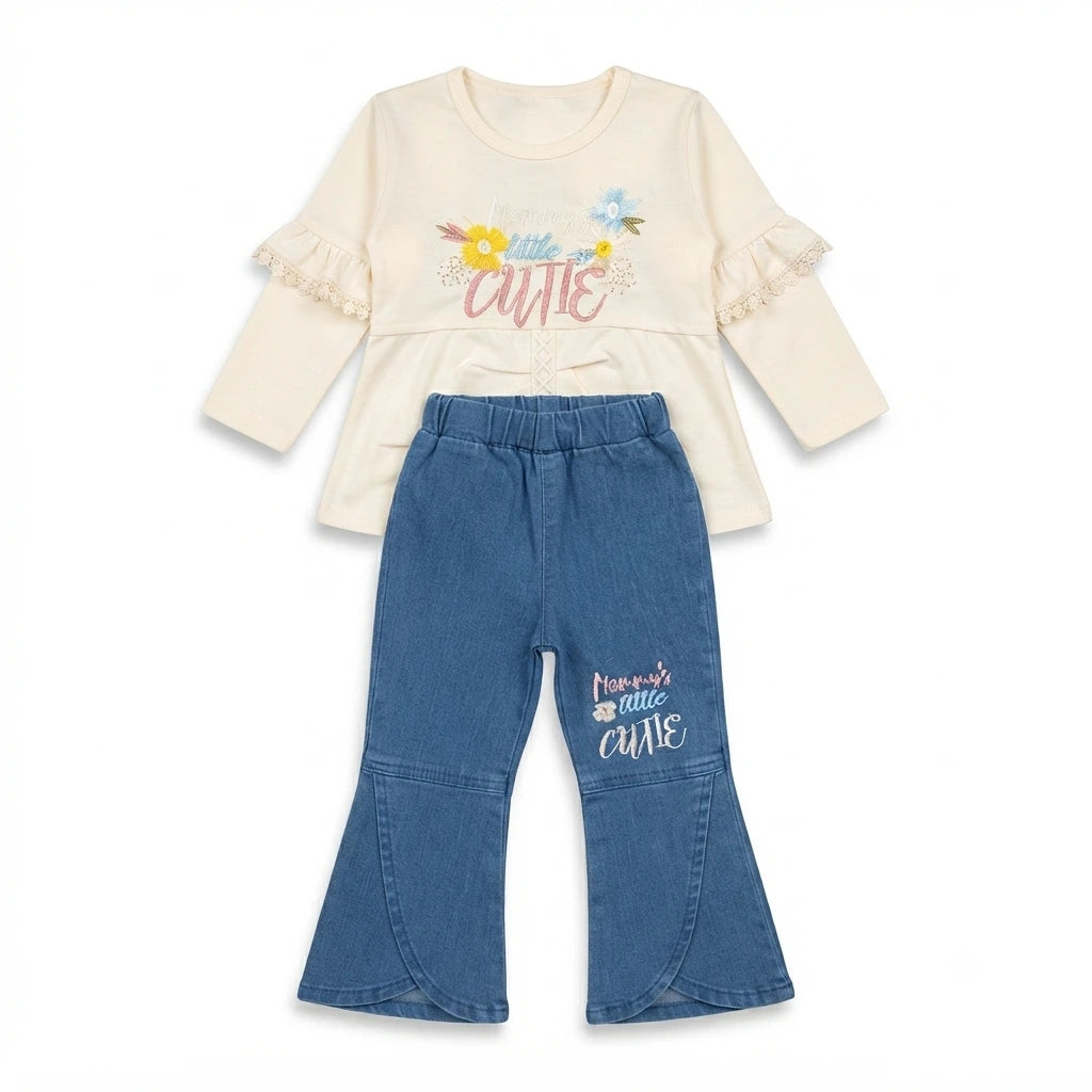 Girls Malai Stuff 2 Piece Dress with Denim Bell Bottom – Cream & Blue | 2 Years