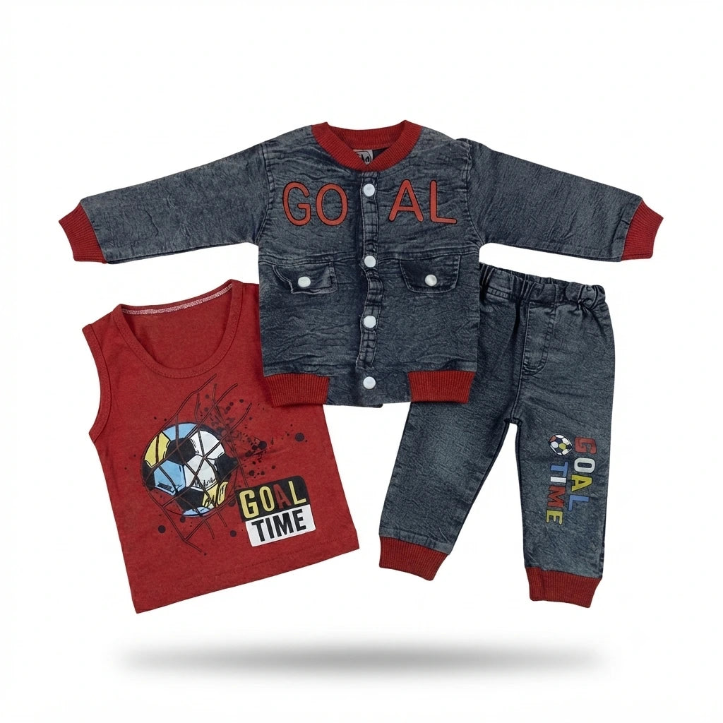 Baby Boy 3-Piece Denim Shirt & Pant Set with Sleeveless Inner – Premium Outfit (6–12 Months)