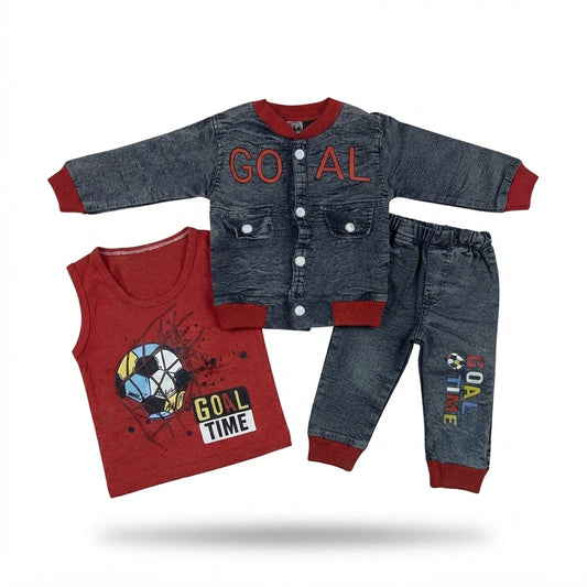 Baby Boy 3-Piece Denim Shirt & Pant Set with Sleeveless Inner – Premium Outfit (6–12 Months)