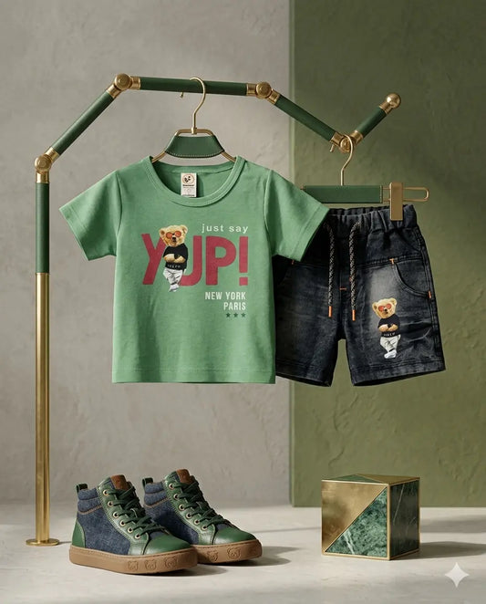 Baby Boy Malai Cotton Half Sleeve T-Shirt & Denim Nicker Set – Summer Collection (6 Months)