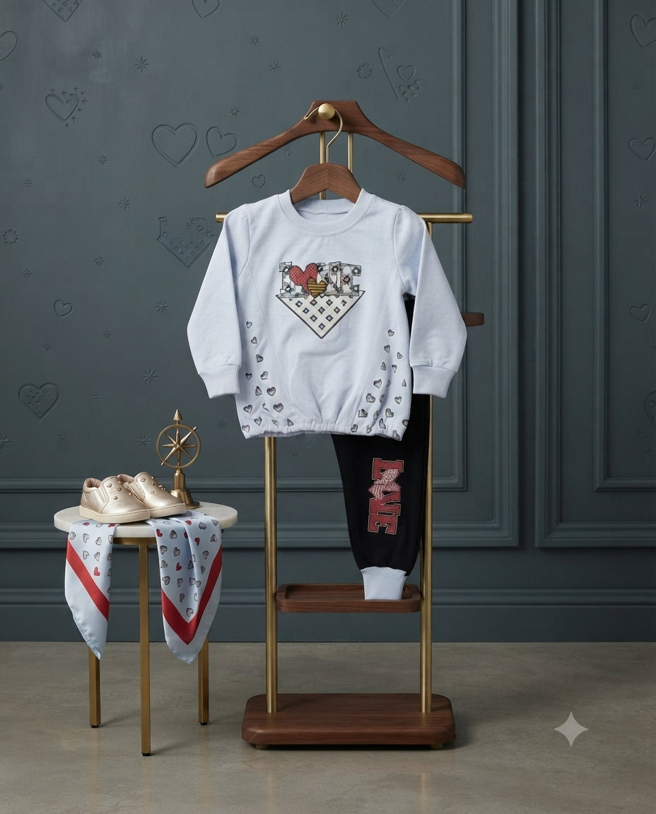 Baby Girls White Malai 2 Piece Outfit – Printed Sweatshirt & Trouser Set (6–12 Months)