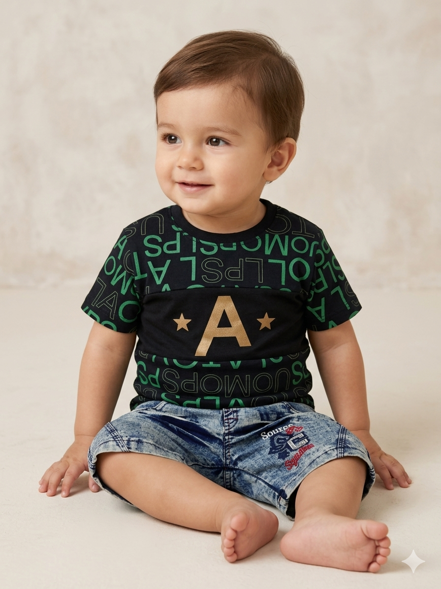 Baby Boy Malai Cotton Half Sleeve Shirt with Denim Shorts Set – Summer Collection (1 Year)