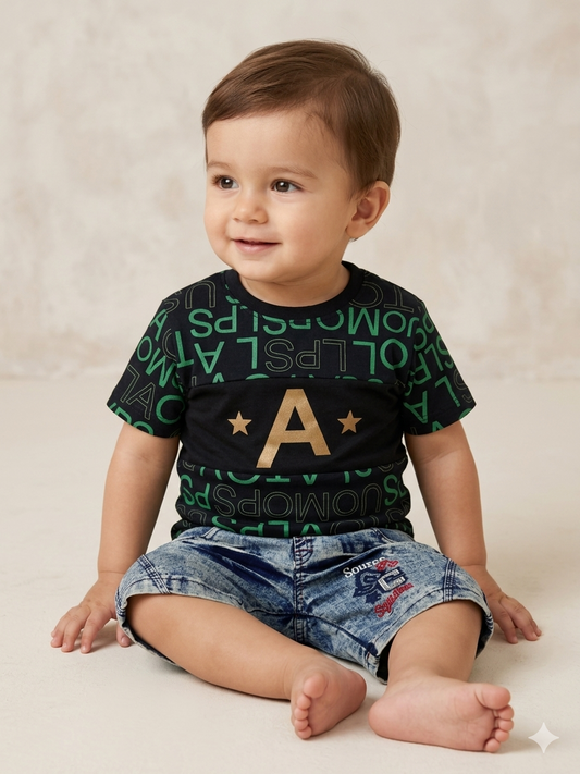 Baby Boy Malai Cotton Half Sleeve Shirt with Denim Shorts Set – Summer Collection (1 Year)