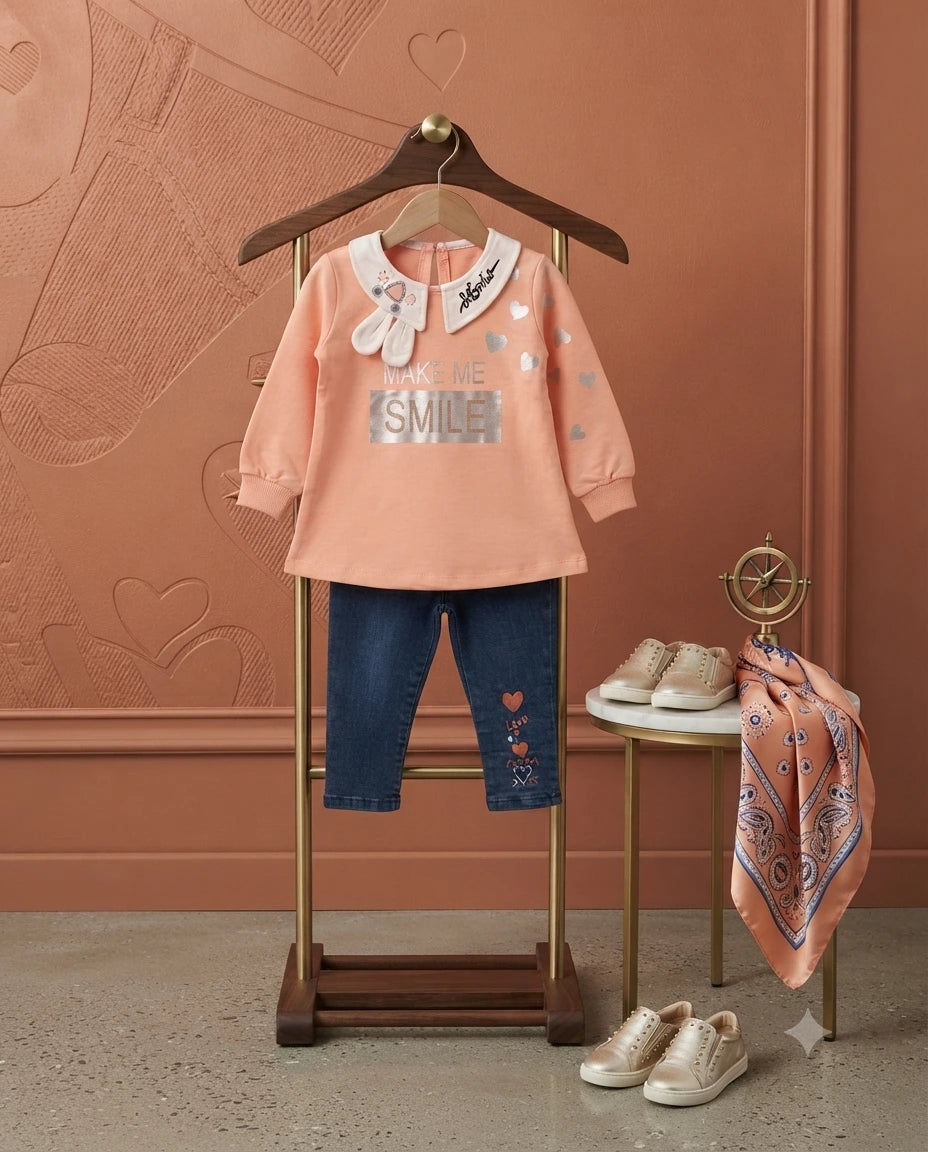 Premium Full Sleeve Printed Shirt with Embroidered Denim Jeans Set for Baby Girls (5 Years)