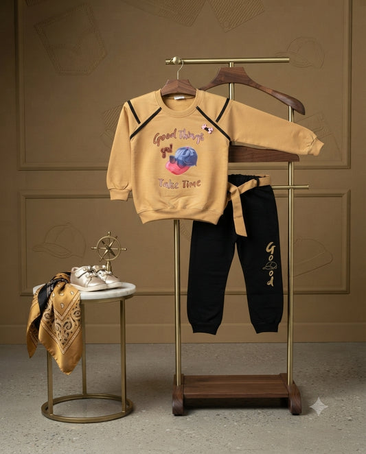 Premium Terry Fabric Contrast Shirt & Trouser Set for Baby Girls – Mid-Season Outfit (5 Years)