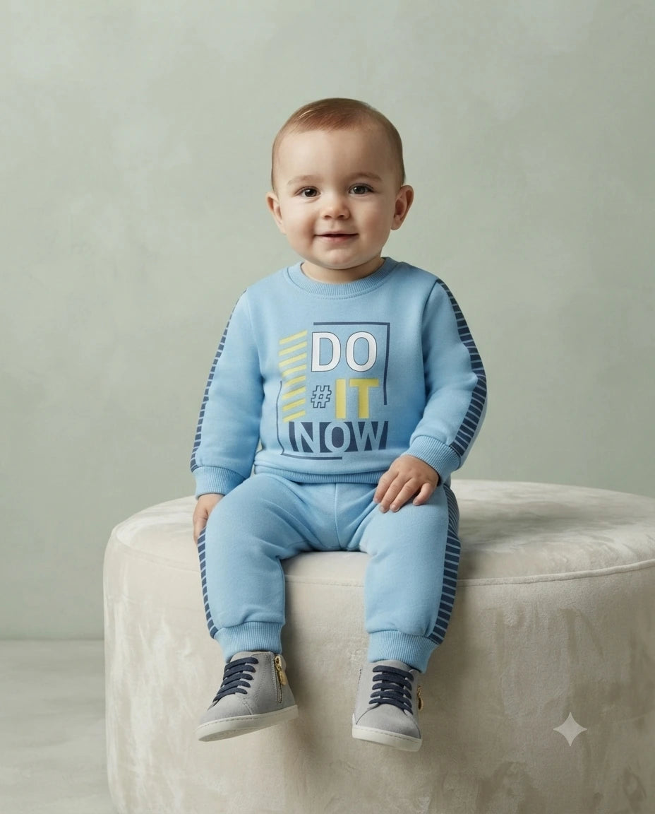 Baby Boys Sky Blue Interlock Winter Tracksuit – 2 Piece Soft Warm Outfit (6–12 Months)