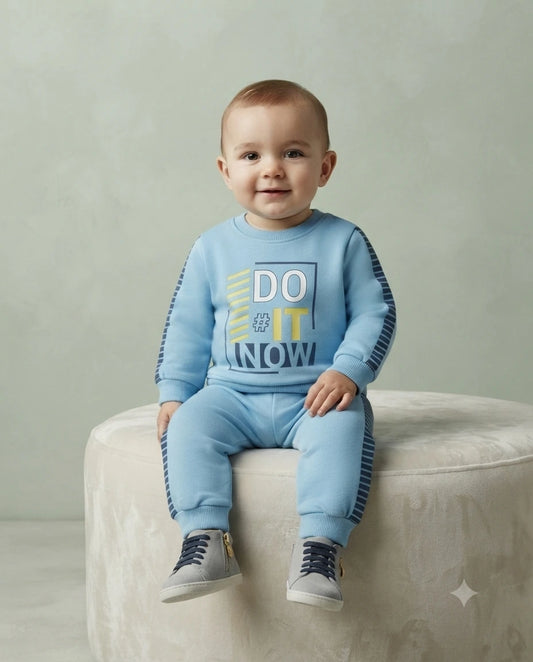 Baby Boys Sky Blue Interlock Winter Tracksuit – 2 Piece Soft Warm Outfit (6–12 Months)