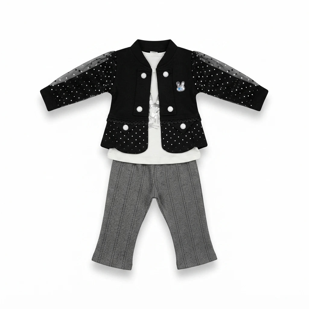 Baby Girls 3 Piece Winter Dress – Black Coat, Inner Shirt & Grey Trouser Set (1-2 Years)