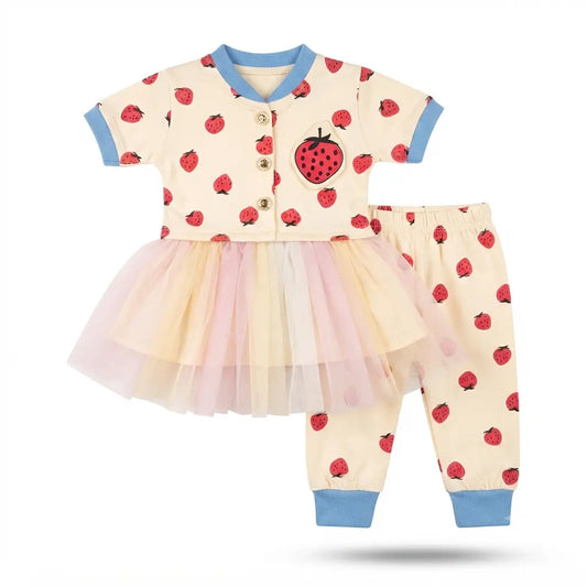 Baby Girls Malai Strawberry Print Tutu Dress Set – 2 Piece Outfit (6–12 Months)