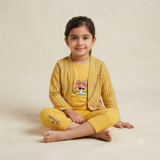 Baby Girls 3 Piece Yellow Casual Suit with Striped Coat | Premium Cotton |4 Years