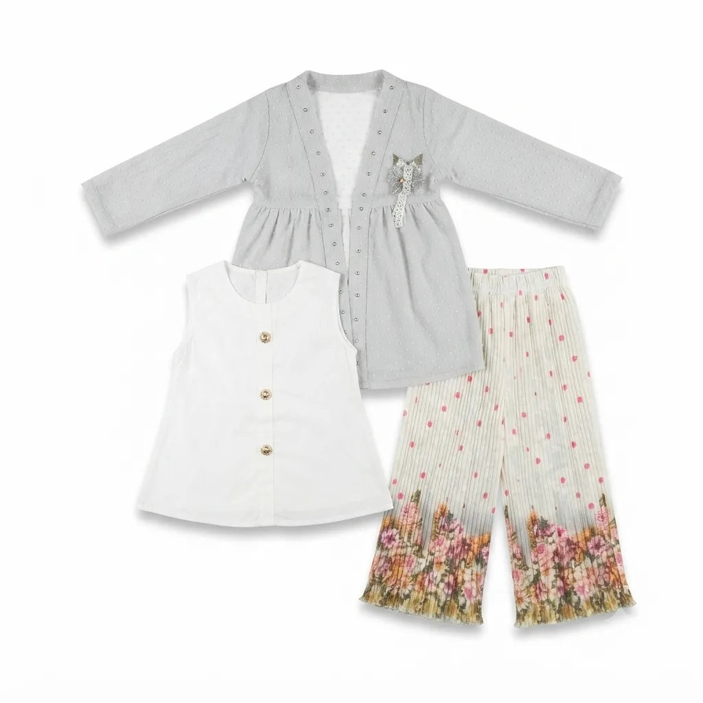 Premium 3-Piece Chiffon Party Wear Set for Baby Girls – Sleeveless Inner with Chiffon Top & Flared Trousers (5 Years)
