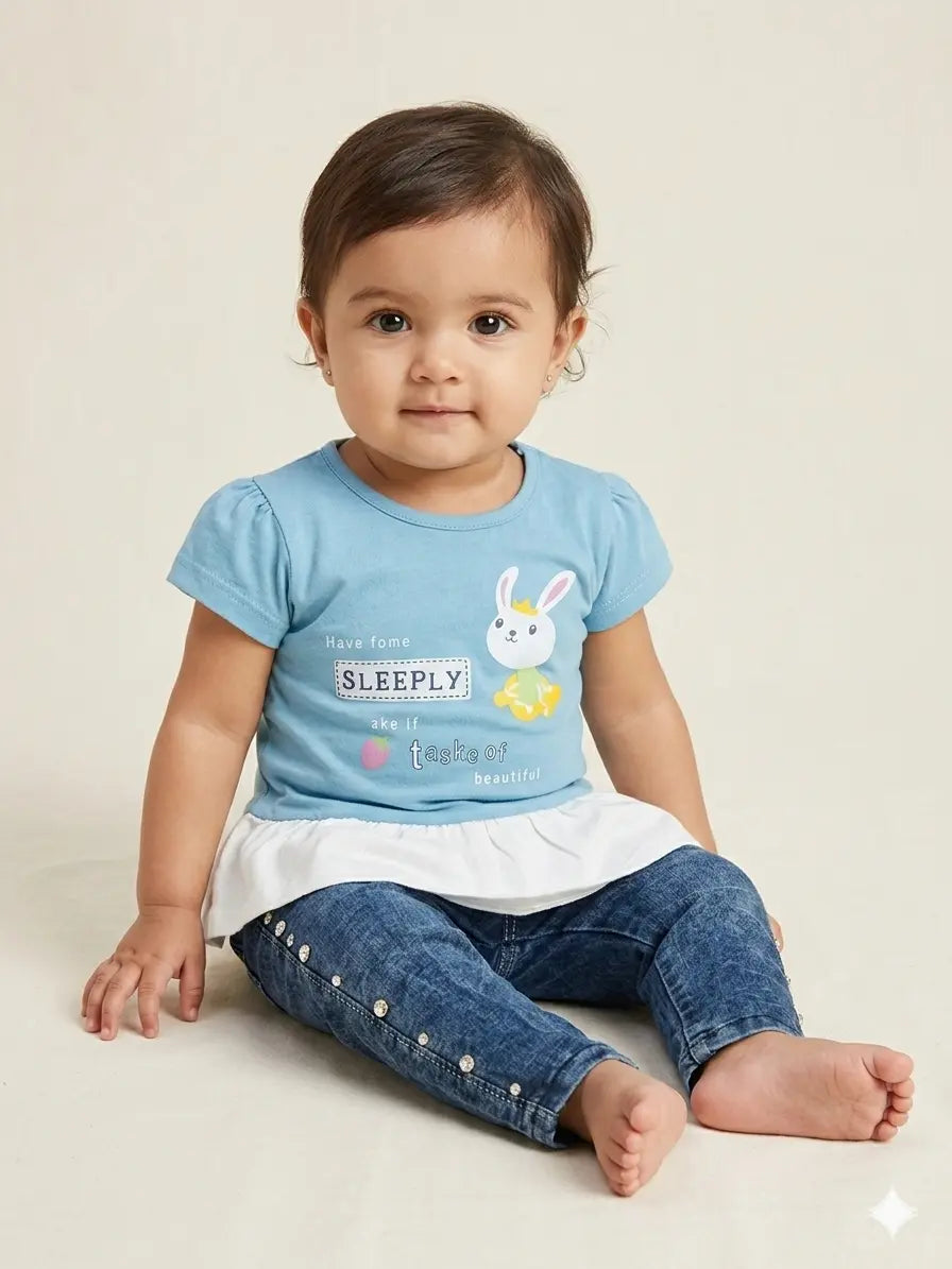 Baby Girl Malai Cotton T-Shirt Style Frock & Pant Set – Summer Collection (1–2 Years)