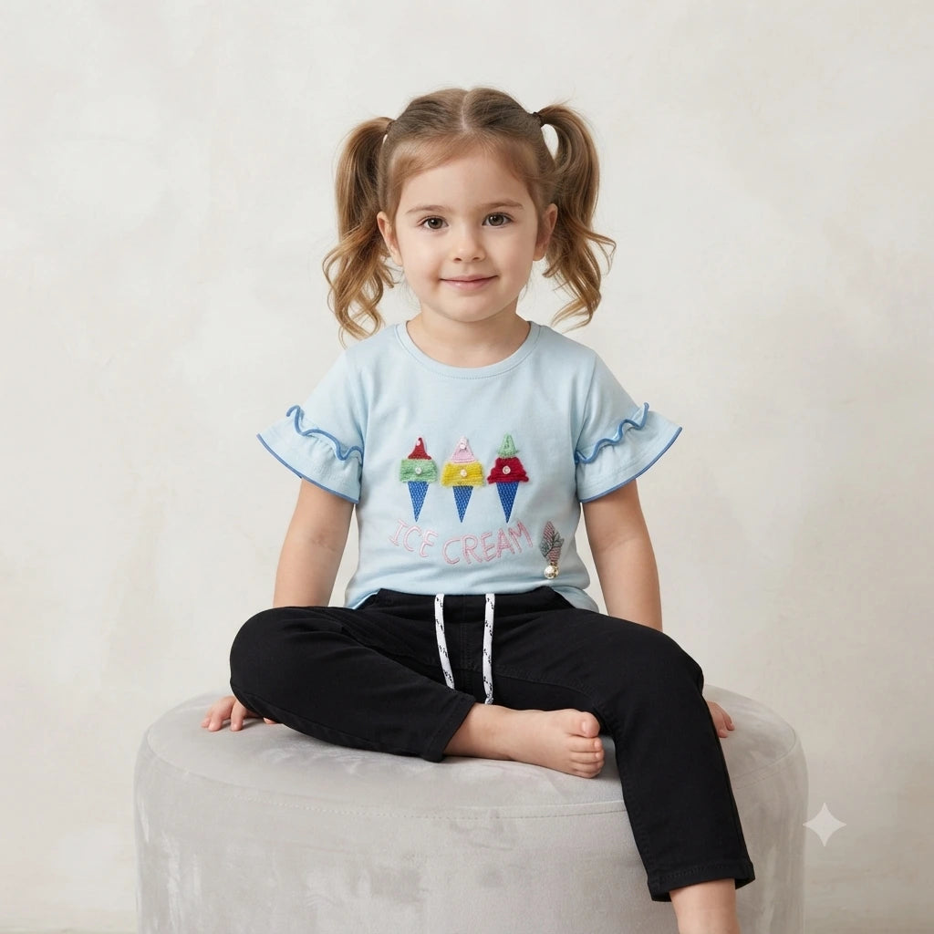 Girls Malai Fabric T-Shirt with Plain Black Pants 2-Piece Set