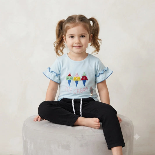 Girls Malai Fabric T-Shirt with Plain Black Pants 2-Piece Set