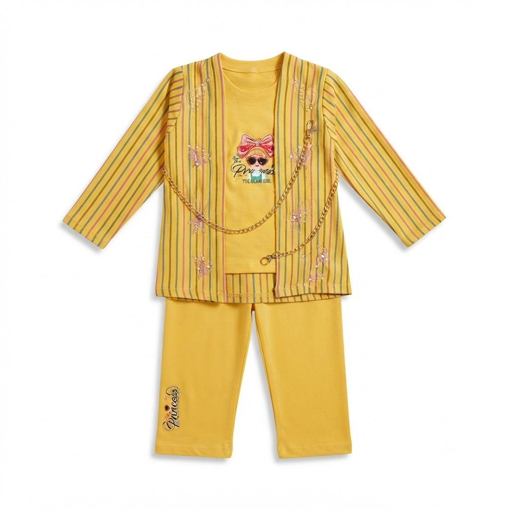 Baby Girls 3 Piece Yellow Casual Suit with Striped Coat | Premium Cotton |4 Years