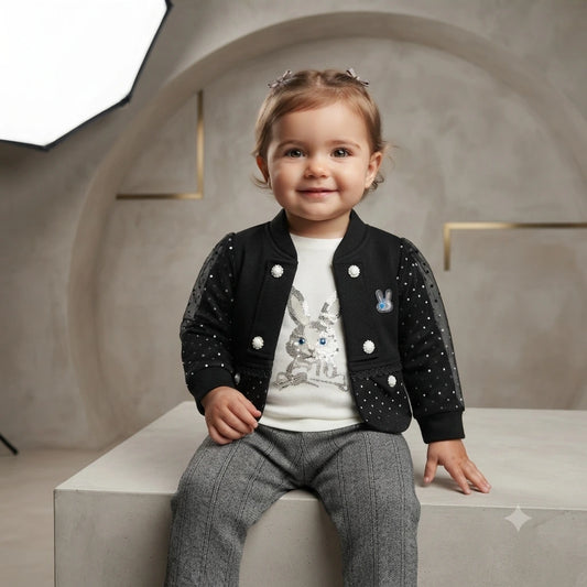 Baby Girls 3 Piece Winter Dress – Black Coat, Inner Shirt & Grey Trouser Set (1-2 Years)